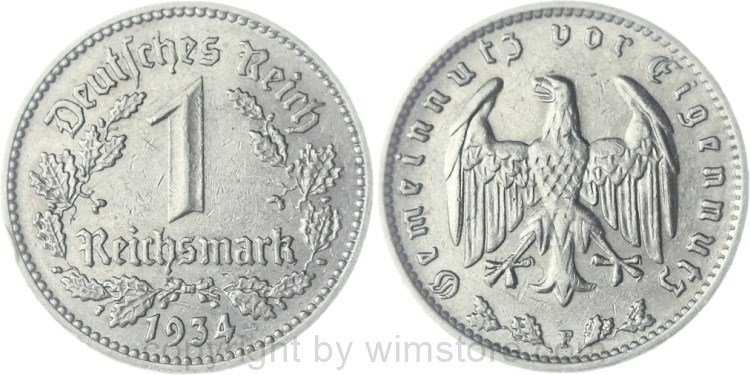 3. Reich, 1 Reichsmark 1934 F, KM 78, Nickel, ss