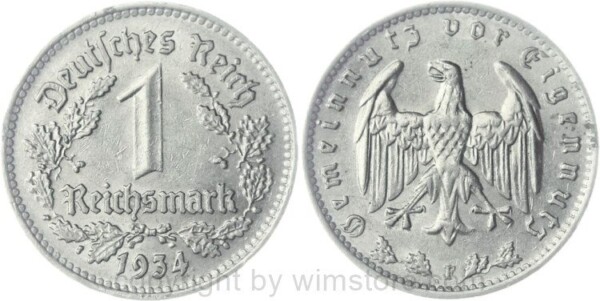 3. Reich, 1 Reichsmark 1934 F, KM 78, Nickel, ss