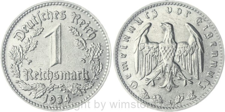 3. Reich, 1 Reichsmark 1934 J, KM 78, Nickel, ss