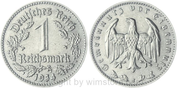 3. Reich, 1 Reichsmark 1934 J, KM 78, Nickel, ss