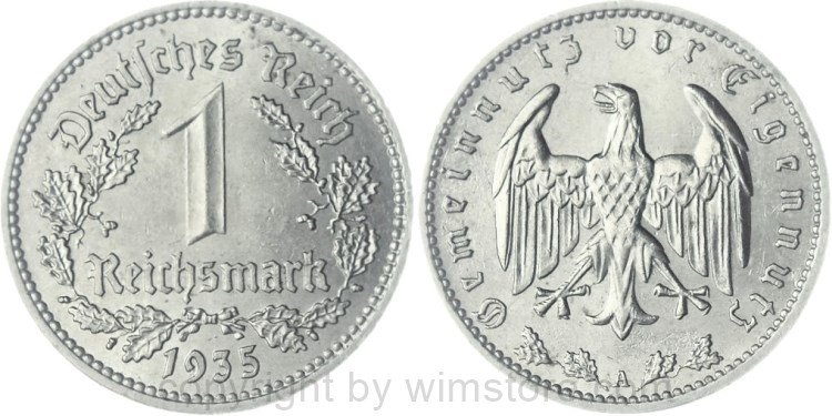 3. Reich, 1 Reichsmark 1935 A, KM 78, Nickel, ss