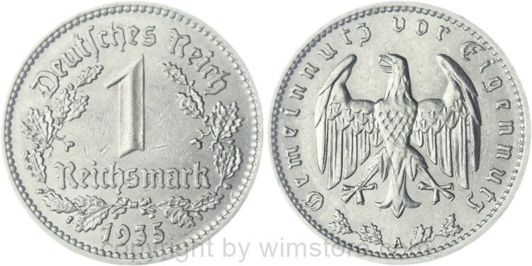 3. Reich, 1 Reichsmark 1935 A, KM 78, Nickel, ss