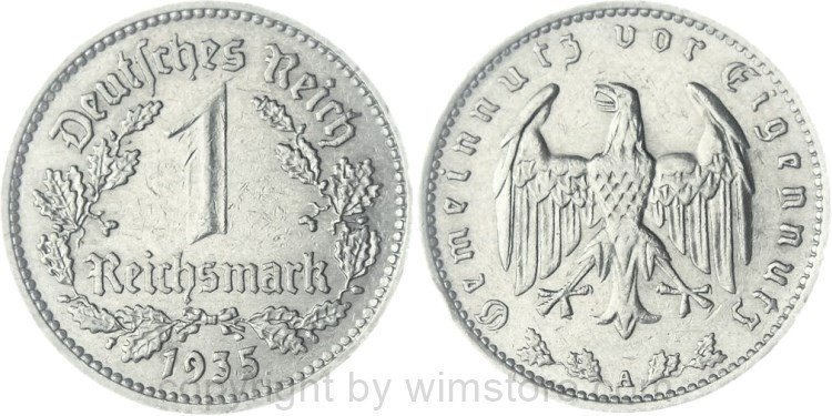 3. Reich, 1 Reichsmark 1935 A, KM 78, Nickel, ss