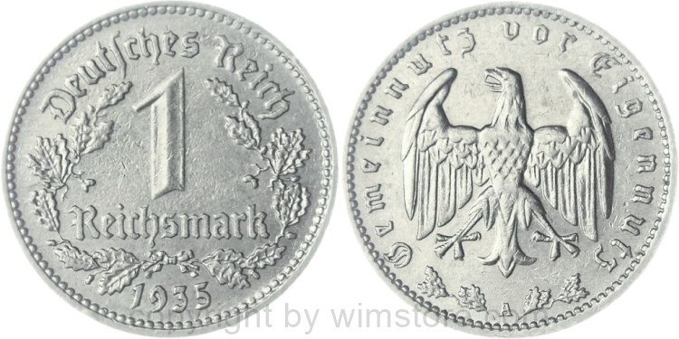 3. Reich, 1 Reichsmark 1935 A, KM 78, Nickel, ss