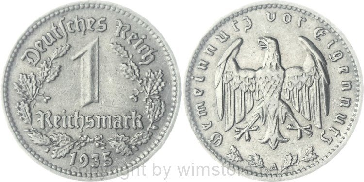 3. Reich, 1 Reichsmark 1935 A, KM 78, Nickel, ss