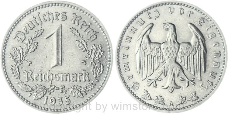 3. Reich, 1 Reichsmark 1935 A, KM 78, Nickel, ss