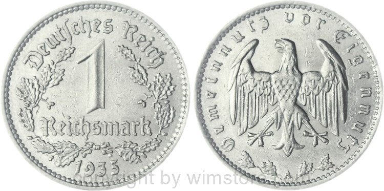 3. Reich, 1 Reichsmark 1935 A, KM 78, Nickel, ss