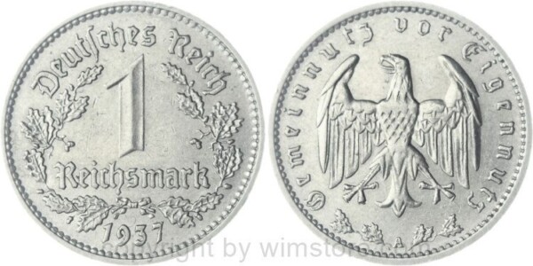 3. Reich, 1 Reichsmark 1937 A, KM 78, Nickel, vz