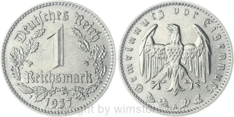 3. Reich, 1 Reichsmark 1937 A, KM 78, Nickel, vz