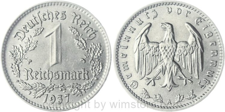 3. Reich, 1 Reichsmark 1937 A, KM 78, Nickel, vz