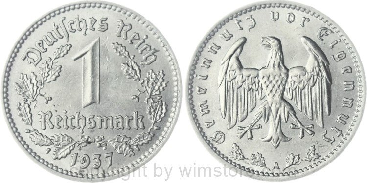 3. Reich, 1 Reichsmark 1937 A, KM 78, Nickel, vz