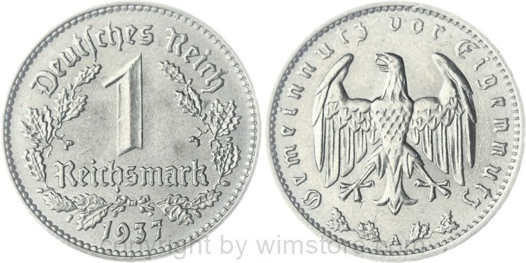 3. Reich, 1 Reichsmark 1937 A, KM 78, Nickel, vz