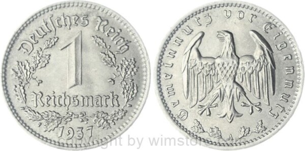 3. Reich, 1 Reichsmark 1937 A, KM 78, Nickel, vz