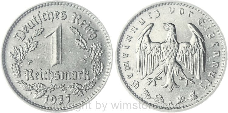 3. Reich, 1 Reichsmark 1937 A, KM 78, Nickel, vz