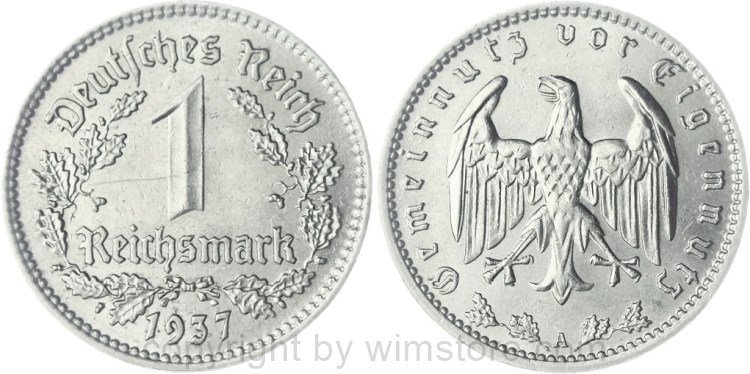 3. Reich, 1 Reichsmark 1937 A, KM 78, Nickel, vz
