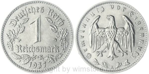 3. Reich, 1 Reichsmark 1937 A, KM 78, Nickel, vz