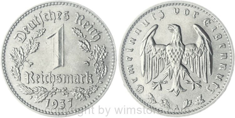 3. Reich, 1 Reichsmark 1937 A, KM 78, Nickel, vz