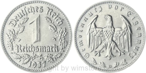 3. Reich, 1 Reichsmark 1937 D, KM 78, Nickel, vz