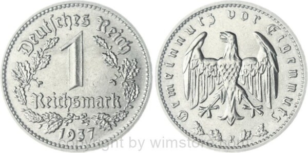 3. Reich, 1 Reichsmark 1937 F, KM 78, Nickel, vz