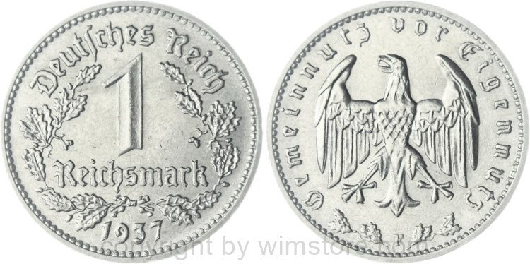 3. Reich, 1 Reichsmark 1937 F, KM 78, Nickel, vz