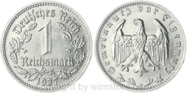 3. Reich, 1 Reichsmark 1937 G, KM 78, Nickel, vz-st