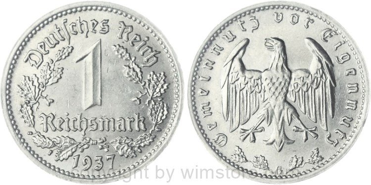 3. Reich, 1 Reichsmark 1937 G, KM 78, Nickel, vz-st