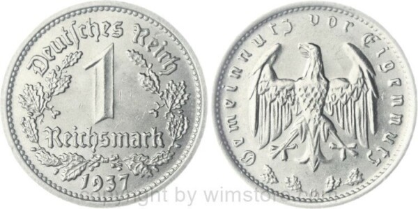 3. Reich, 1 Reichsmark 1937 G, KM 78, Nickel, vz-st