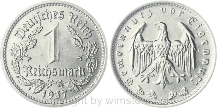 3. Reich, 1 Reichsmark 1937 G, KM 78, Nickel, vz-st