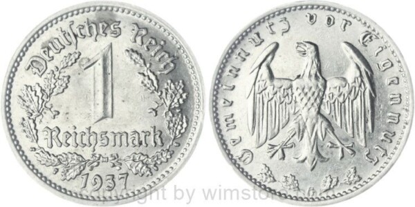 3. Reich, 1 Reichsmark 1937 G, KM 78, Nickel, ss
