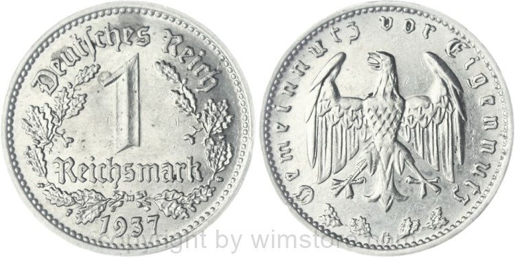 3. Reich, 1 Reichsmark 1937 G, KM 78, Nickel, ss