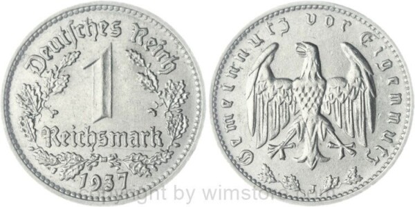 3. Reich, 1 Reichsmark 1937 J, KM 78, Nickel, ss