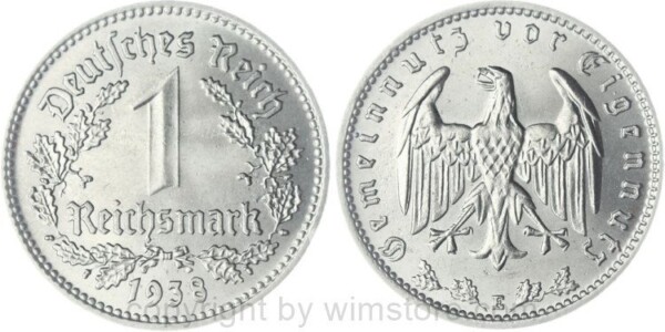 3. Reich, 1 Reichsmark 1938 E, KM 78, Nickel, -st