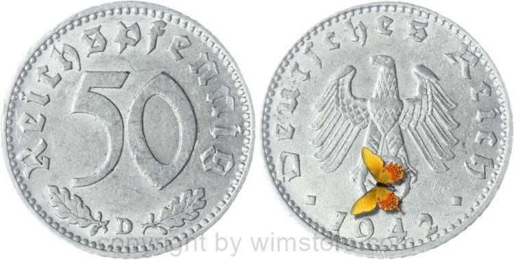 3. Reich, 50 Reichspfennig 1942 D, KM 96, Aluminium, ss