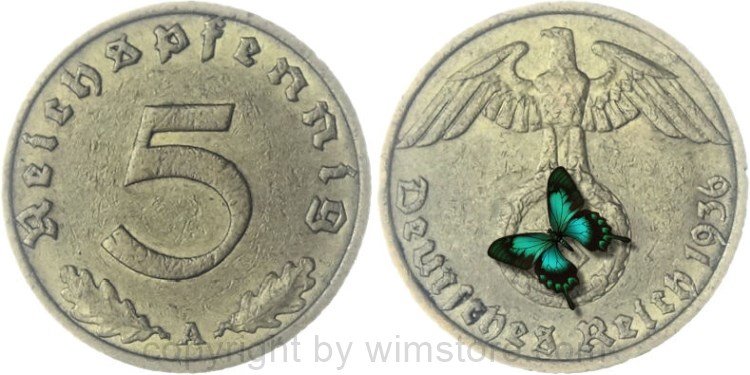 3. Reich, 5 Reichspfennig 1936 A, KM 91, Ku/Alu, ss