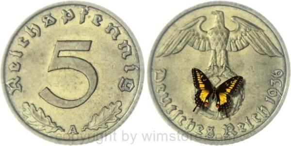 3. Reich, 5 Reichspfennig 1936 A, KM 91, Ku/Alu, vz