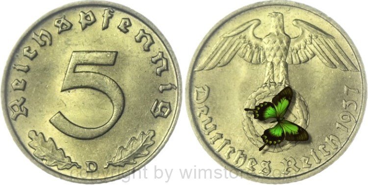 3. Reich, 5 Reichspfennig 1937 D, KM 91, Ku/Alu, -st