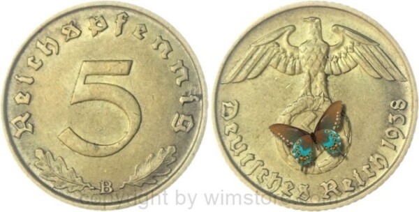 3. Reich, 5 Reichspfennig 1938 B, KM 91, Ku/Alu, ss