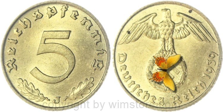 3. Reich, 5 Reichspfennig 1939 J, KM 91, Ku/Alu, vz-st, fleckig