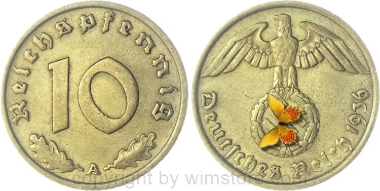 3. Reich, 10 Reichspfennig 1936 A, KM 92, Ku/Alu, ss