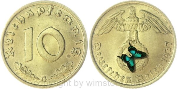 3. Reich, 10 Reichspfennig 1937 G, KM 92, Ku/Alu, vz, fleckig