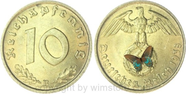 3. Reich, 10 Reichspfennig 1938 B, KM 92, Ku/Alu, vz-st, fleckig