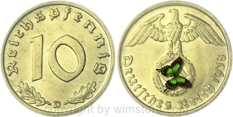 3. Reich, 10 Reichspfennig 1938 D, KM 92, Ku/Alu, vz-st