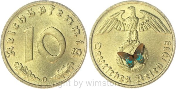 3. Reich, 10 Reichspfennig 1938 D, KM 92, Ku/Alu, vz-st