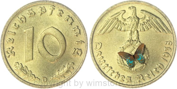 3. Reich, 10 Reichspfennig 1938 D, KM 92, Ku/Alu, vz-st