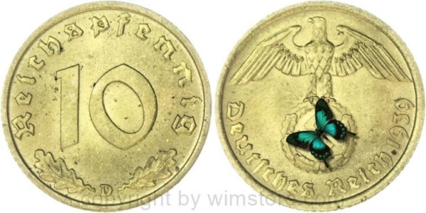 3. Reich, 10 Reichspfennig 1939 D, KM 92, Ku/Alu, vz