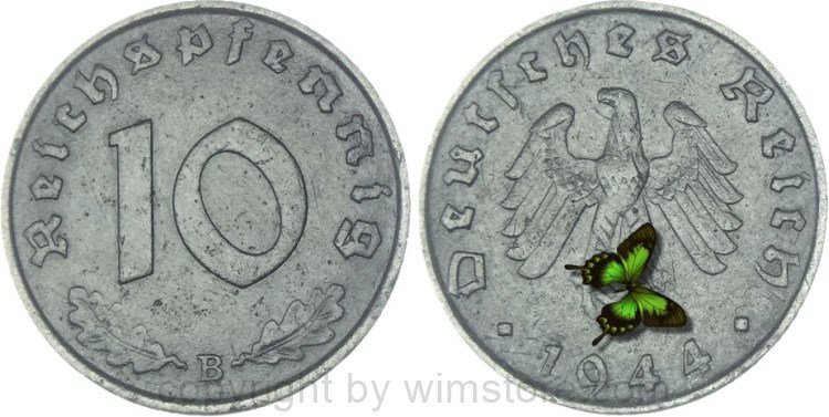 3. Reich, 10 Reichspfennig 1944 B, KM 101, Zink, ss