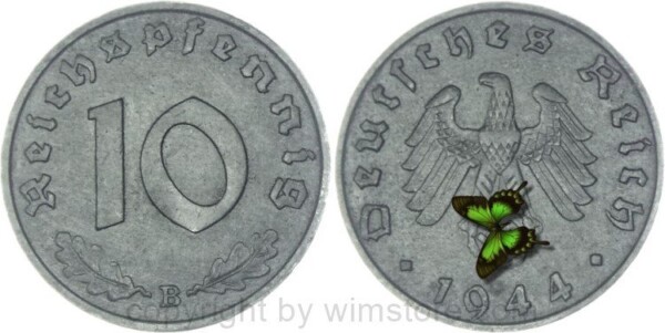 3. Reich, 10 Reichspfennig 1944 B, KM 101, Zink, ss