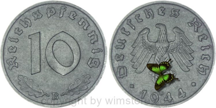 3. Reich, 10 Reichspfennig 1944 B, KM 101, Zink, ss