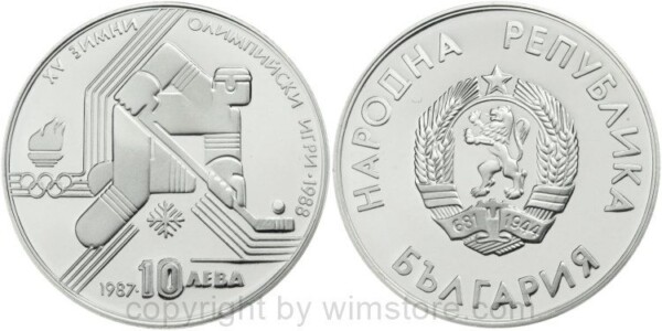 Bulgarien, 10 Leva 1987, Olympische Winterspiele 1988 in Calgary - Eishokeyspieler, KM 184, Silber, PPII
