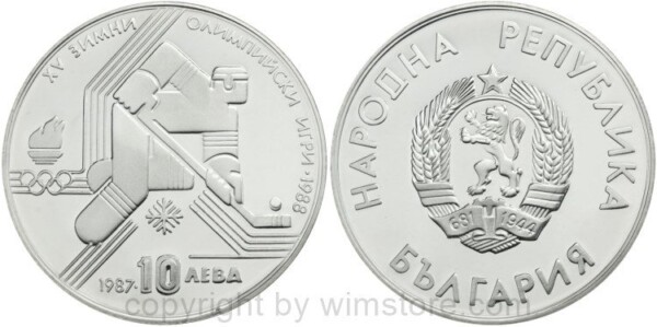 Bulgarien, 10 Leva 1987, Olympische Winterspiele 1988 in Calgary - Eishokeyspieler, KM 184, Silber, PPII